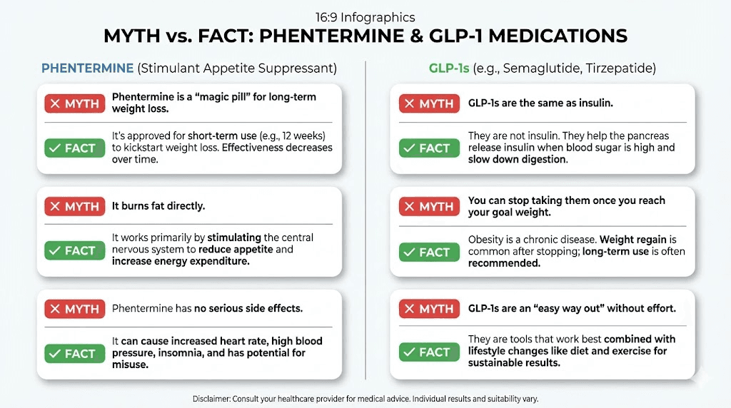 Common myths versus facts about phentermine and GLP-1 weight loss medications