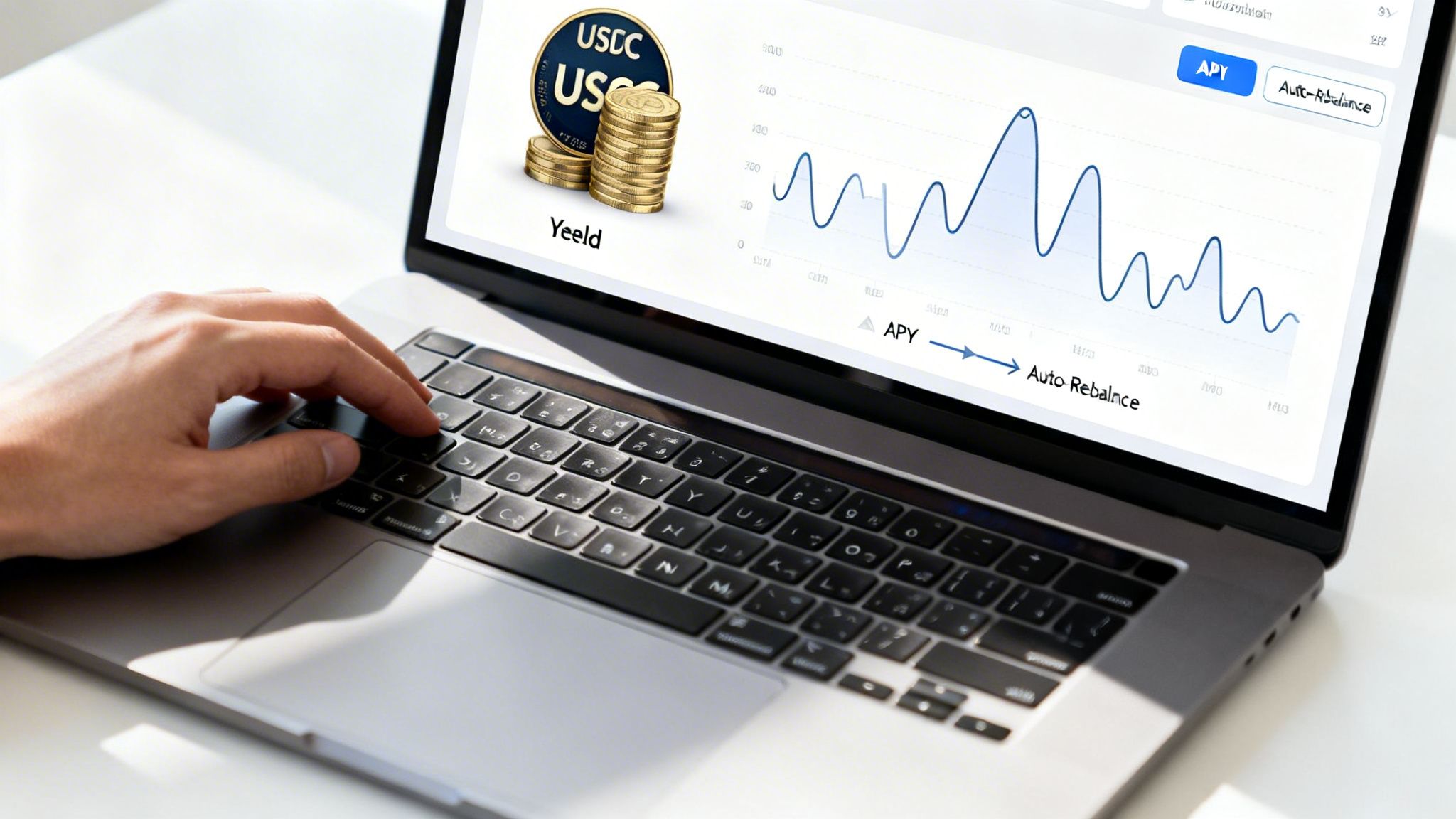 Close-up of a hand typing on a laptop, showing a crypto yield screen with an APY graph.