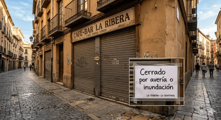 Cartel de cerrado por avería en un comercio, una paralización que asume el lucro cesante del seguro.
