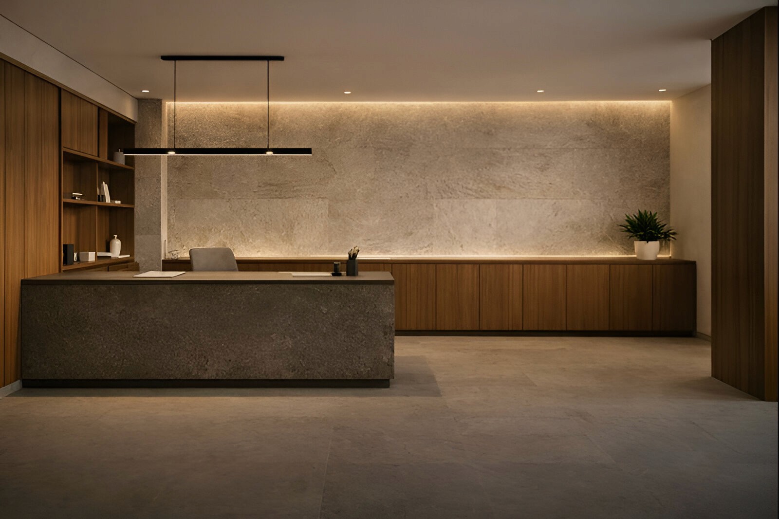 Modern bathroom featuring a walk-in shower, wooden vanity, round mirror, and elegant marble tiles.