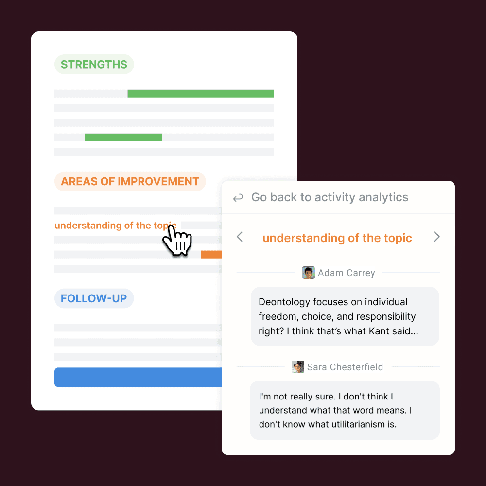 Example of how the class summaries will surface specific student responses that exemplify key insights in the analysis of all the sessions students had with a specific tutor.
