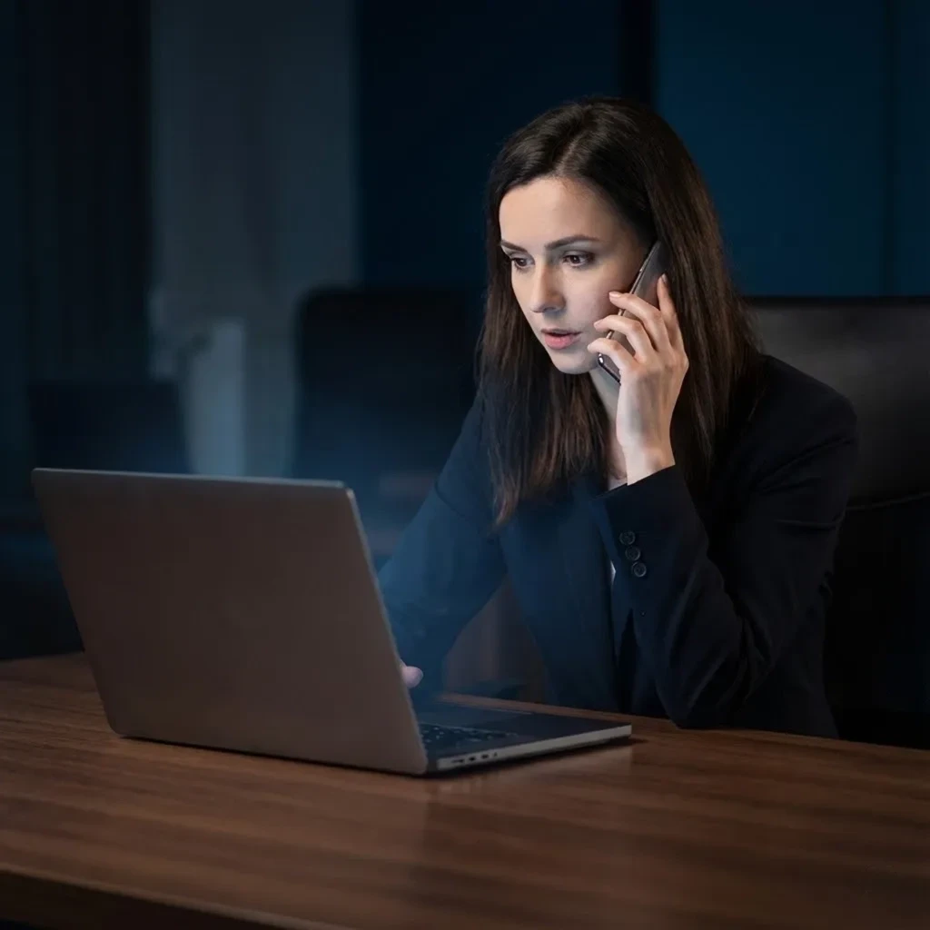 Kobieta pracująca przy laptopie w sekcji kontaktowej