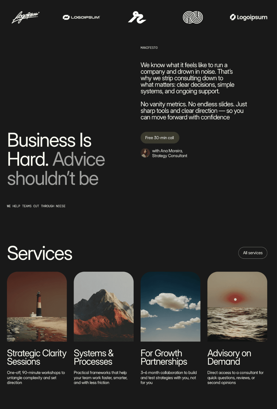 Includes manifesto, services, cases, testimonials, team, and process — all in one cohesive flow