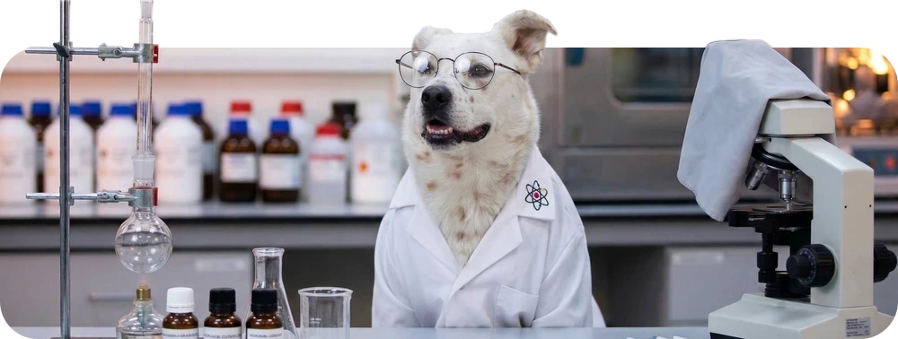 Professor Willow, a white dog with brown spots, wearing round glasses and a white lab coat at a lab bench with glassware, brown bottles and a microscope