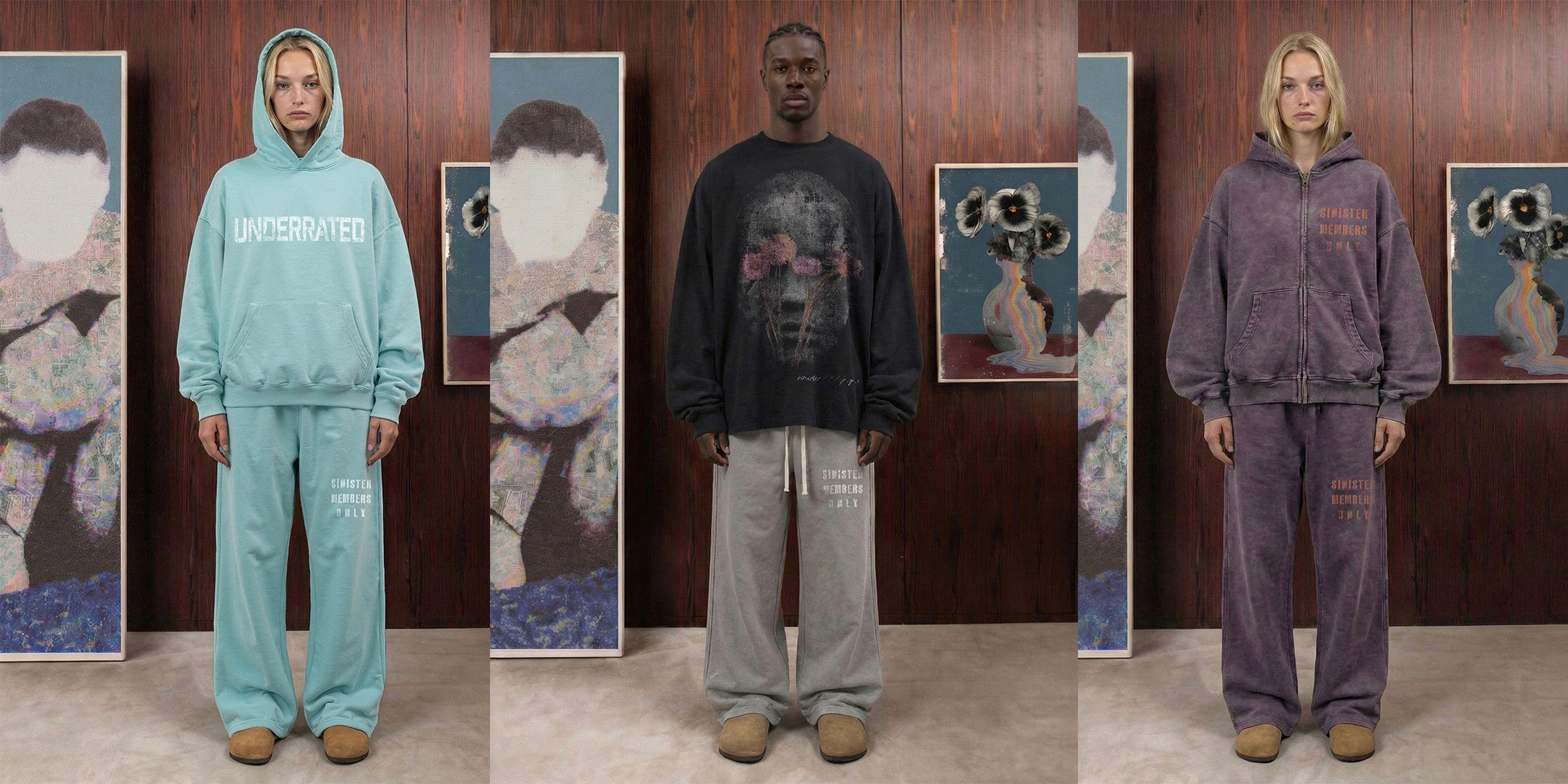 Two models in gray oversized outfits at night playground, Youth Distortion streetwear photoshoot by Sinister J.Y.S.