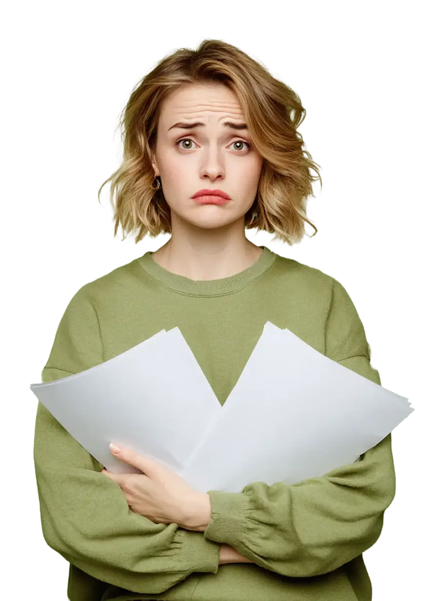 Femme inquiète tenant des documents administratifs, illustrant l’accompagnement des particuliers face aux décisions administratives contestables.