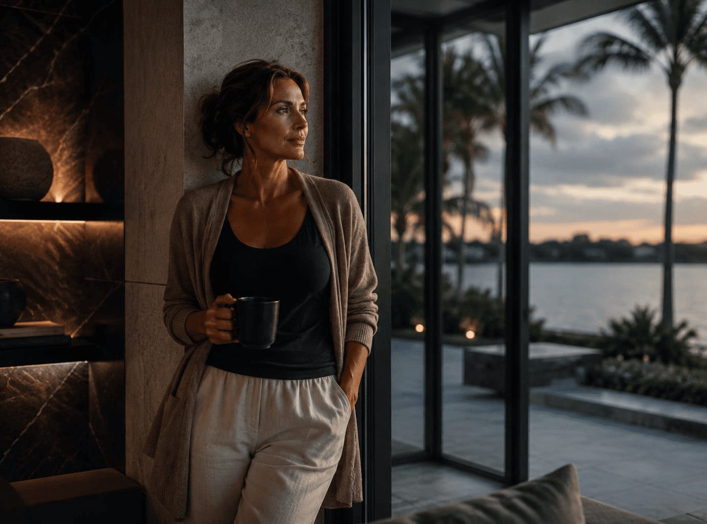 Woman holding a mug by a window at dusk