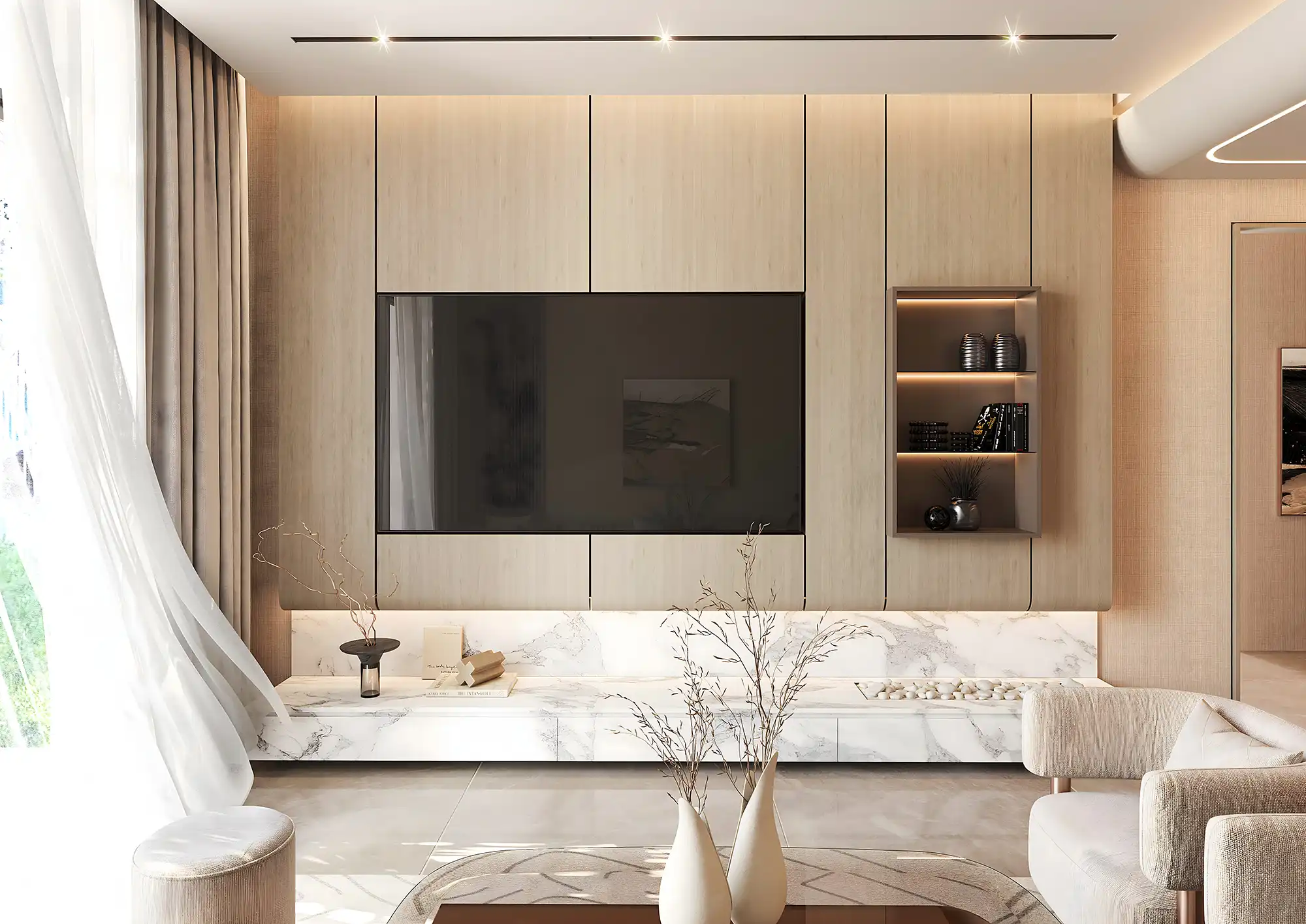 Minimalist living room with marble accents and integrated technology at Orchid Tower.