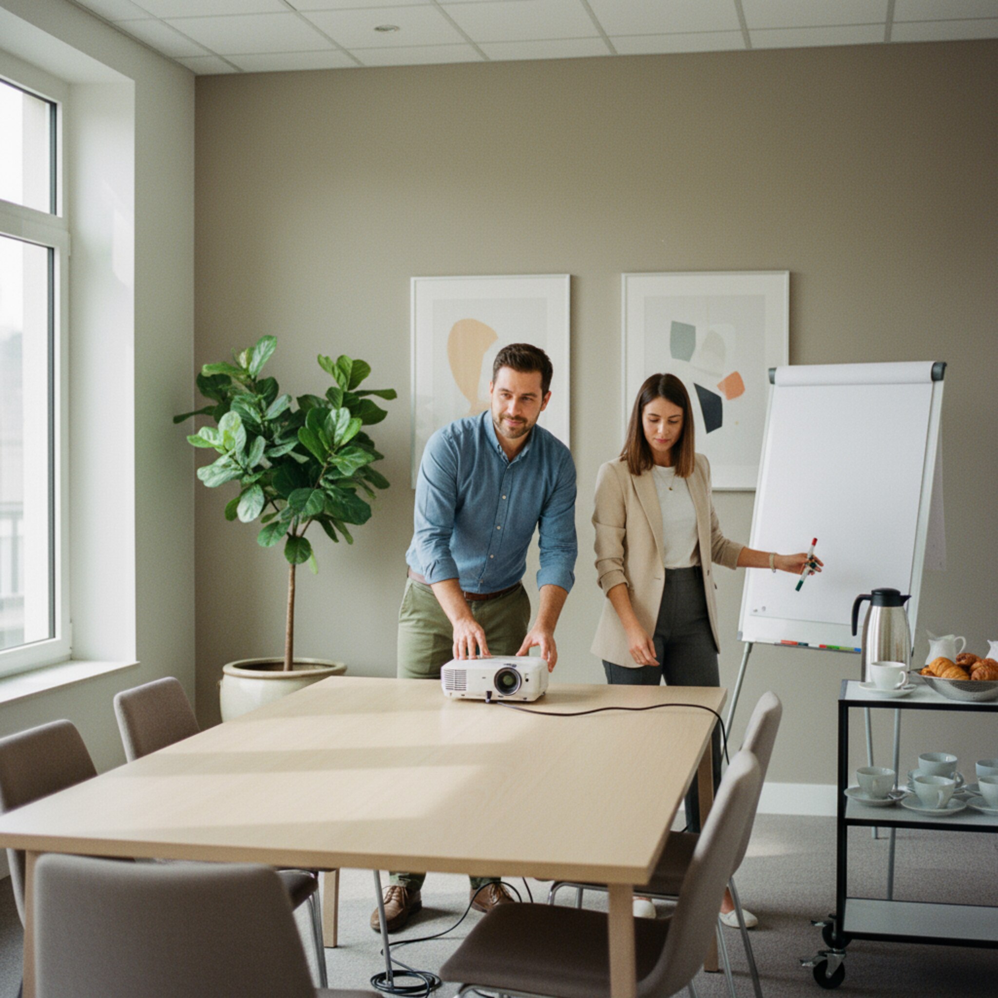 Ein vorbereiteter Besprechungsraum mit ordentlich ausgerichteten Stühlen, einem Wagen mit Kaffeekanne, Tassen und einem Tablett Gebäck. Ein Mitarbeiter stellt den Beamer gerade, eine Kollegin ordnet Marker am Flipchart. Alles wirkt startklar und durchdacht, ohne Hektik.