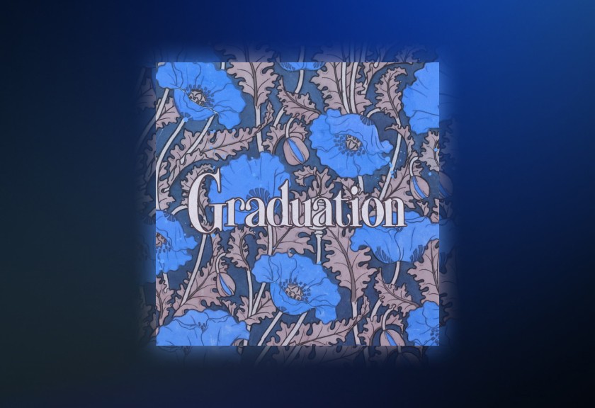 Vintage-style blue flowers on a muted background with the word "Graduation" in a serif font, framed by a deep blue gradient.