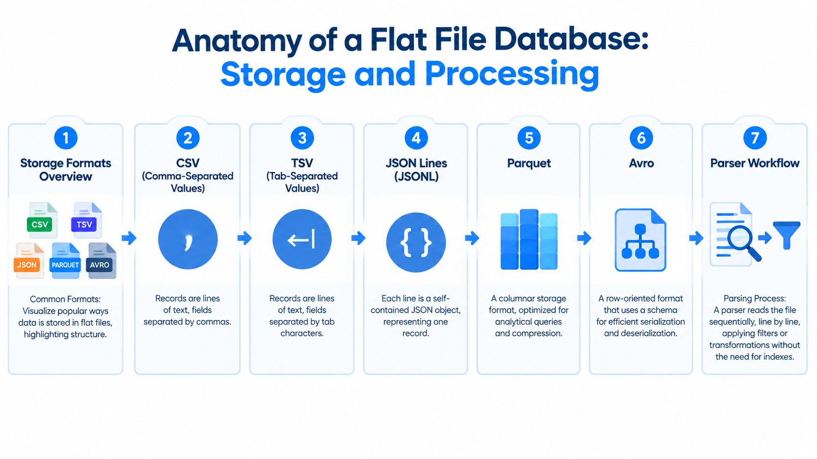 A flowchart explaining the anatomy of flat file databases including common storage formats and parsing workflows.