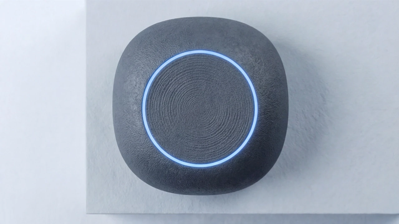 A textured dark grey smart sleep device with a glowing blue ring on a light blue block.