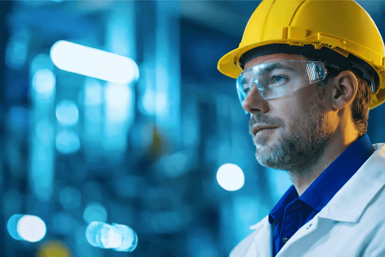 A climber wearing a blue jacket and orange helmet scaling a steep rock face with a breathtaking mountain view in the background.