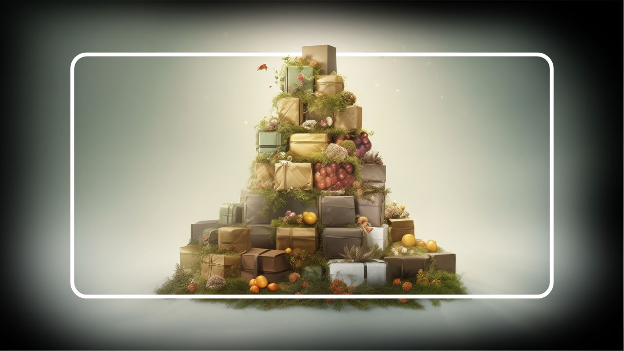 Pyramid of gift boxes decorated with fruits, vegetables, and greenery