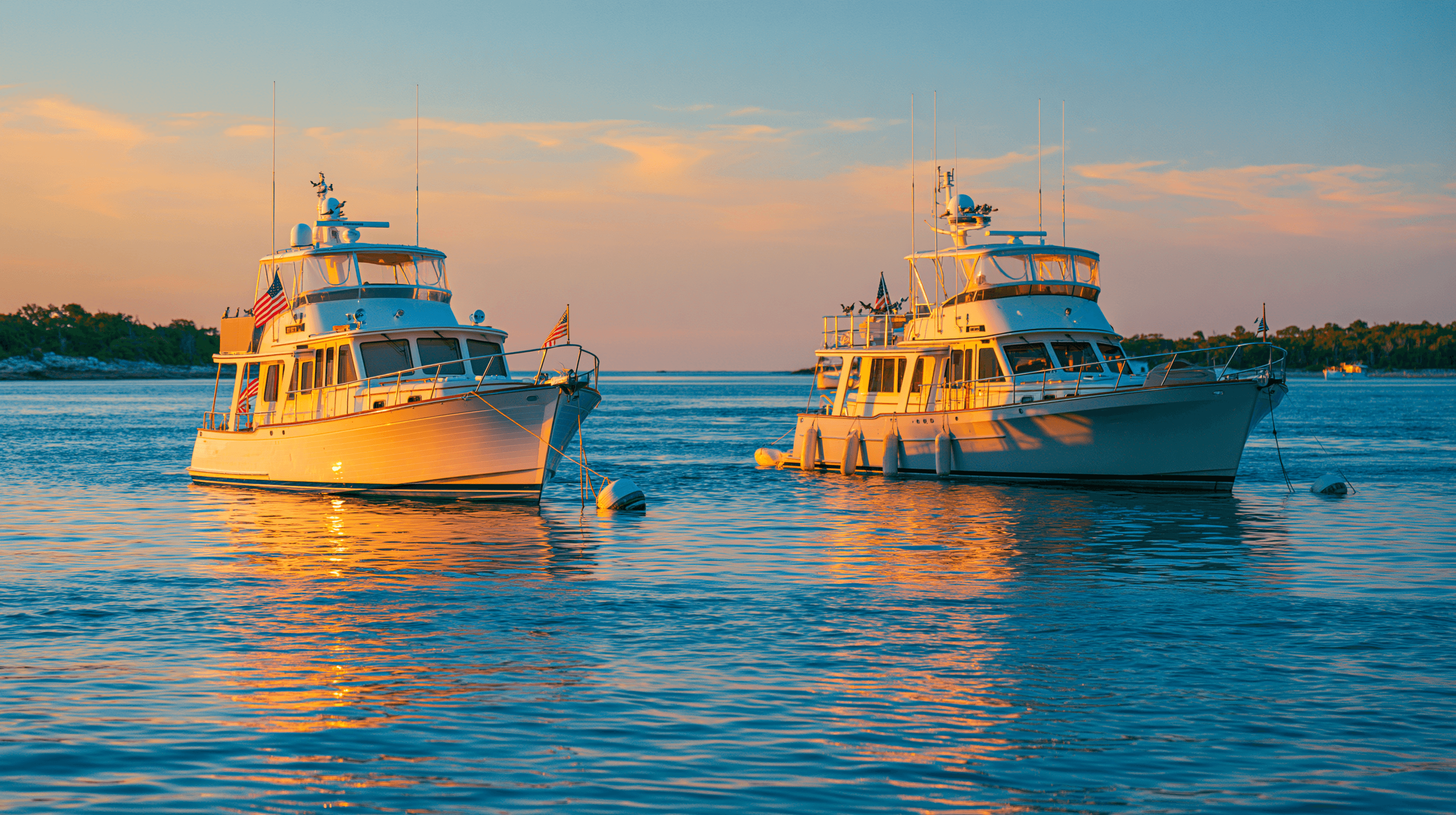 two boats anchored at sunset