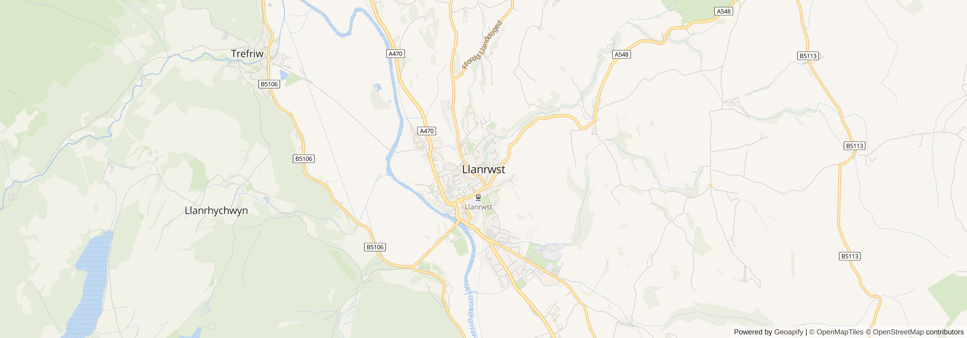 Street map of Llanrwst, Conwy showing main roads and nearby areas