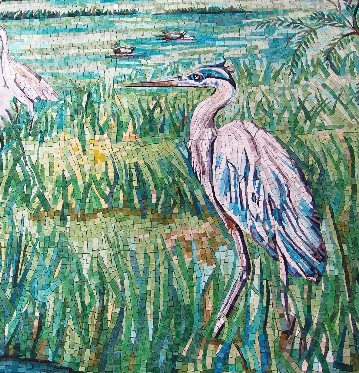 Heron mosaic art piece with lush green marsh background and flying ducks.