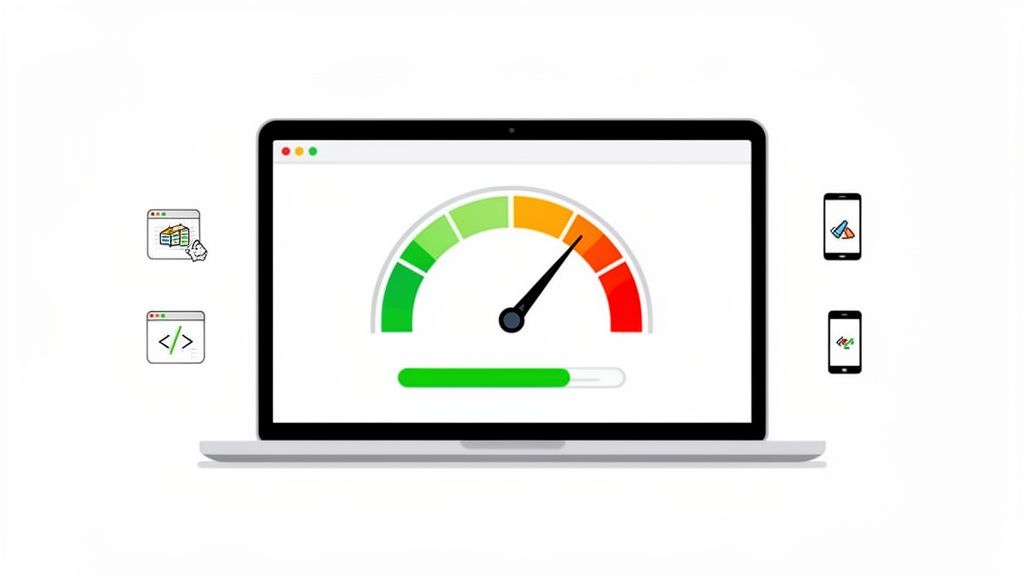 A laptop shows a speed gauge and progress bar, surrounded by icons for website development, hosting, and mobile performance.