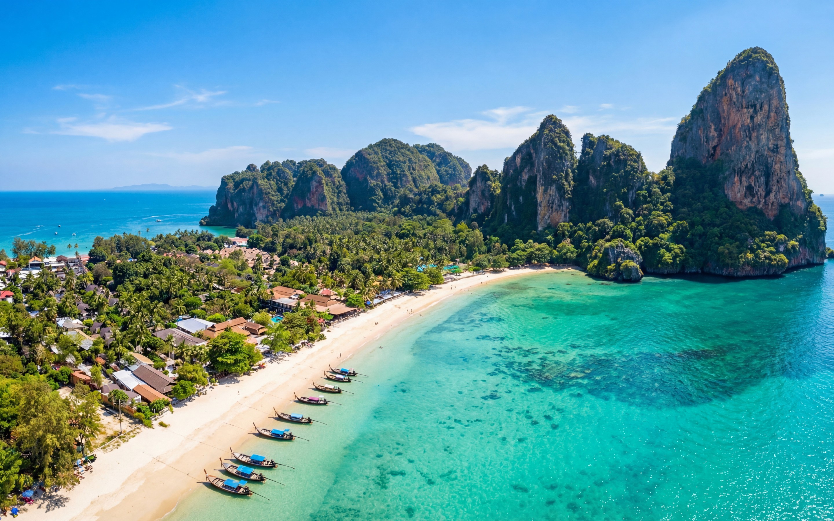 Aerial view of Railay Beach with limestone cliffs, longtail boats, sandy shoreline, and turquoise water.