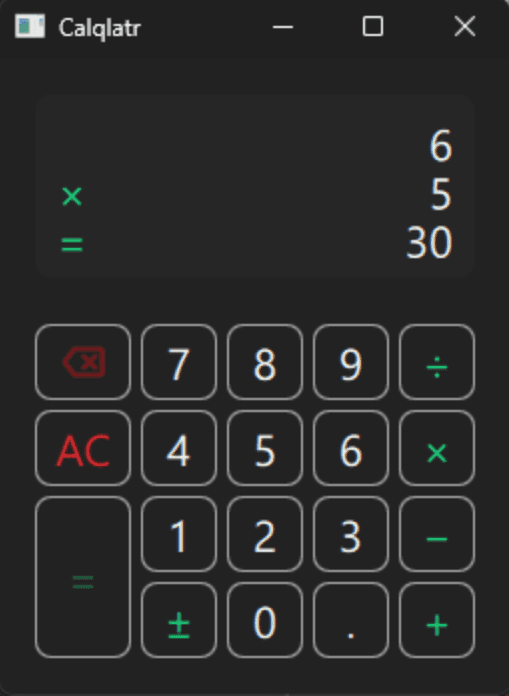 Calqlatr calculator app window showing the calculation 6 x 5 = 30 while being profiled