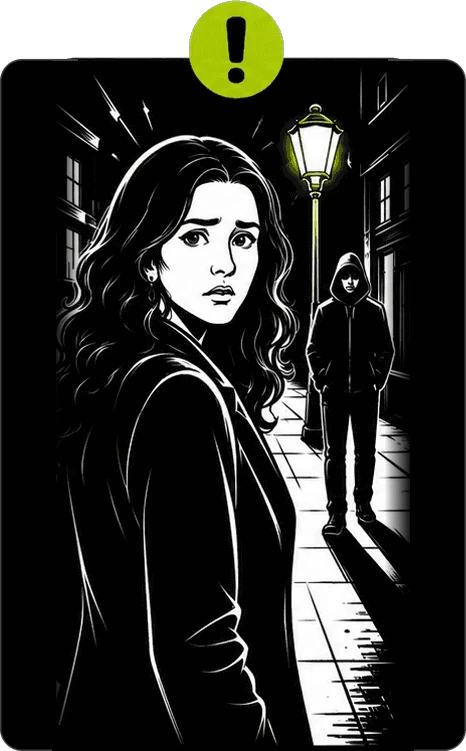 A woman on a dark street notices a hooded man following her
