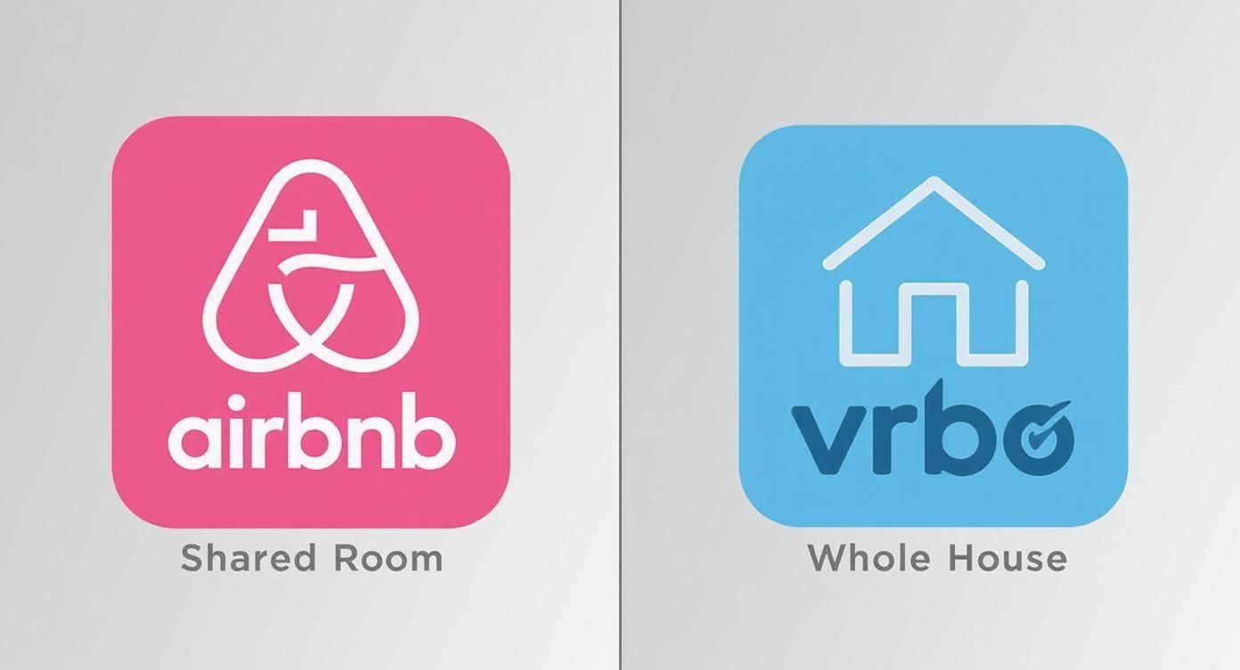 Airbnb logo in pink for shared rooms versus Vrbo logo in blue for whole house rentals comparison