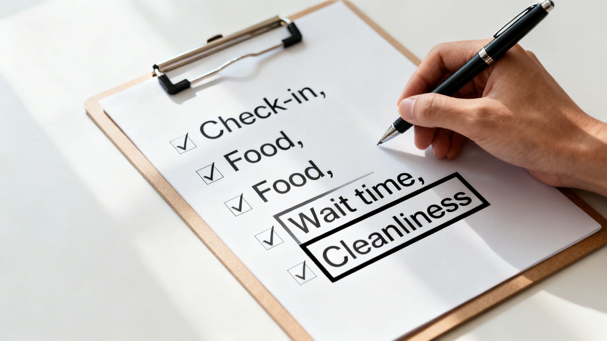 A hand filling out a survey checklist on a clipboard, marking 'Wait time' and 'Cleanliness'.