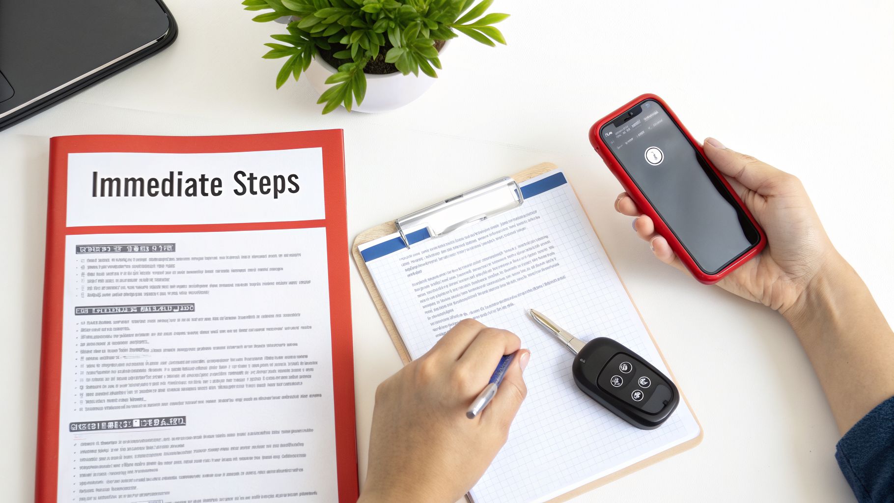 Overhead view of a person preparing with a document titled 'Immediate Steps', smartphone, car key, and clipboard.
