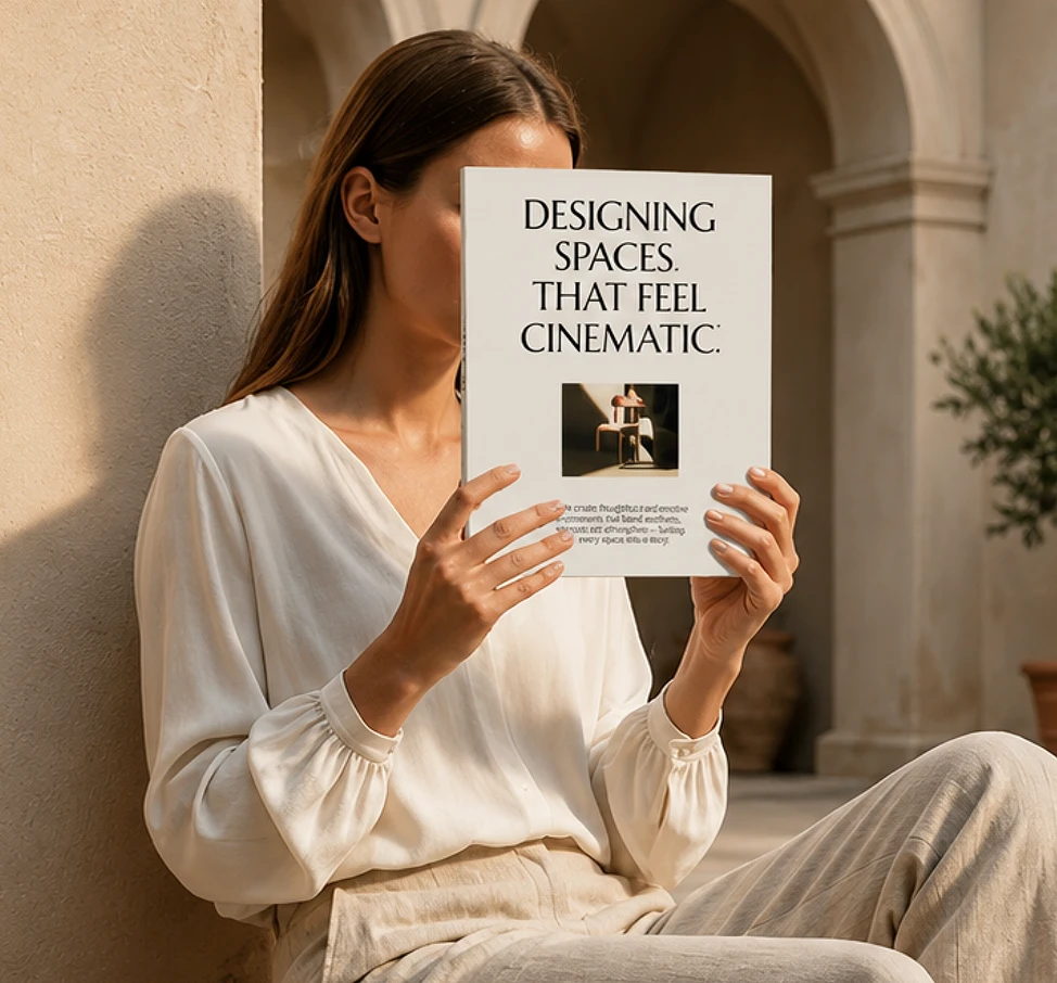 A woman in cream linen sits against a sunlit stone wall holding up a magazine titled "Designing spaces that feel cinematic." with a small photo of a chair.