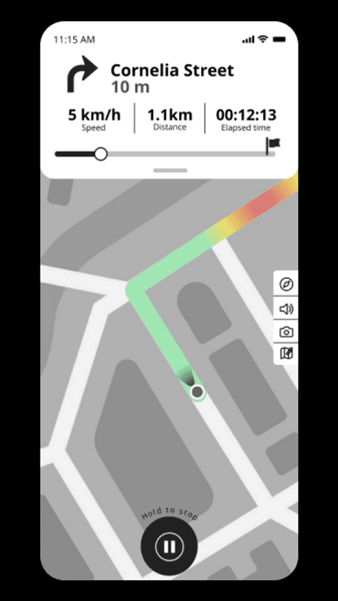 Mid-fidelity navigation screen showing turn-by-turn directions on Cornelia Street with speed, distance, and time metrics.