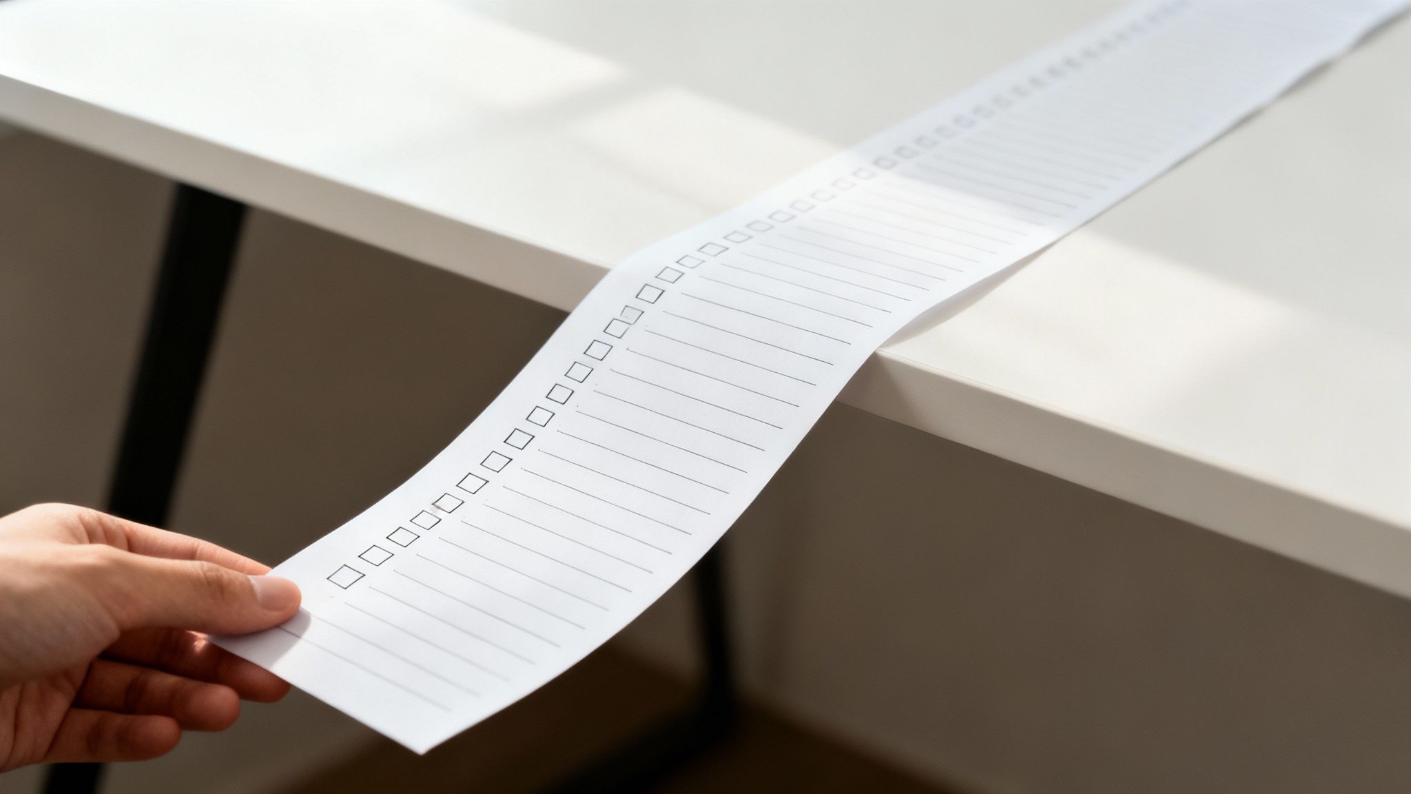 A person's hand holds a long checklist paper with many empty boxes and lines on a white desk.