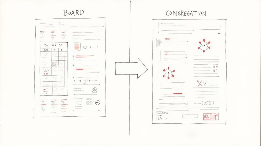 Diagram showing detailed board financial reports being simplified for congregation understanding.