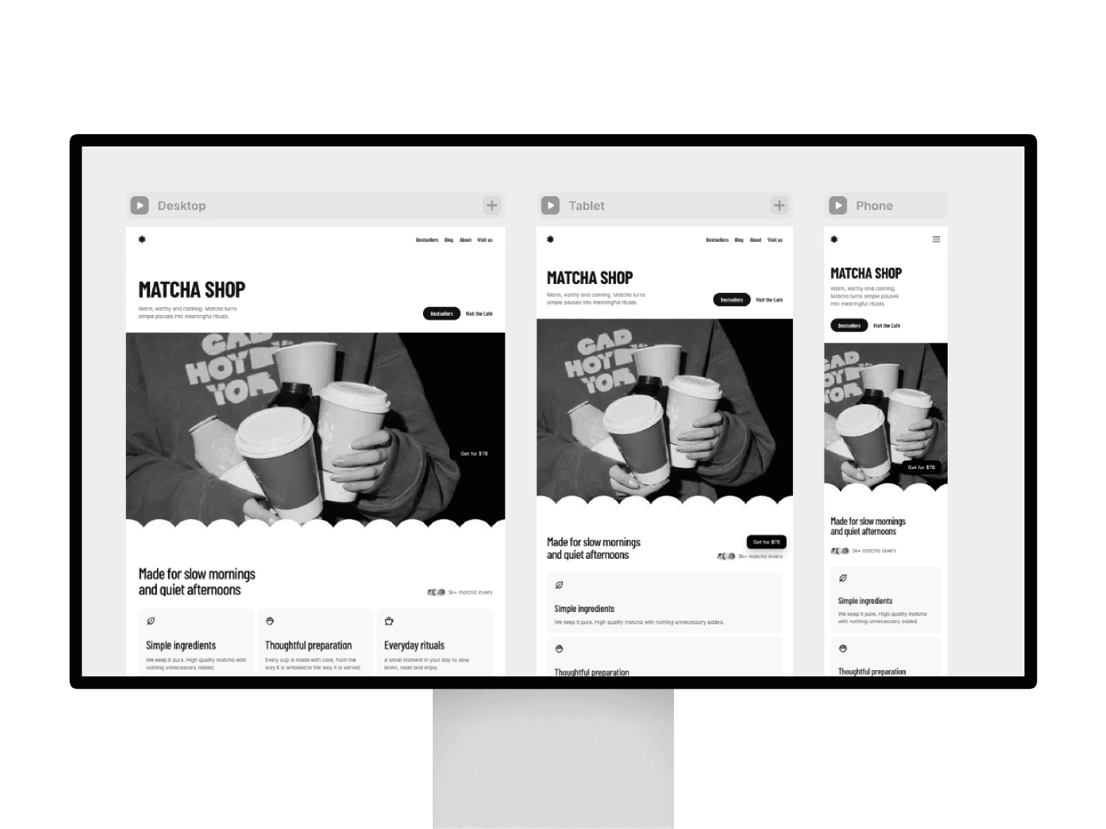 Responsive matcha shop website template preview shown on desktop, tablet, and mobile screens