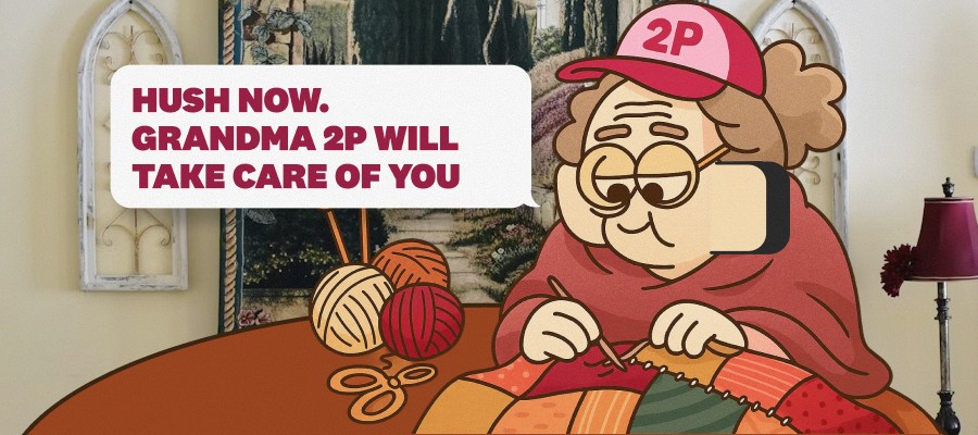 Cartoon “Grandma 2P” knitting a colorful quilt with the caption “Hush now. Grandma 2P will take care of you,” illustrating Neato’s nurturing 2P+ partnership model.