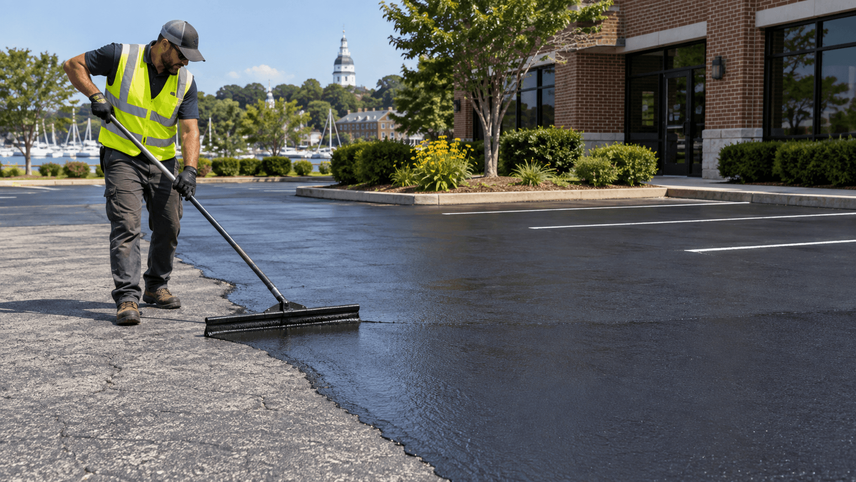 Worker renewing a commercial asphalt surface with sealcoat