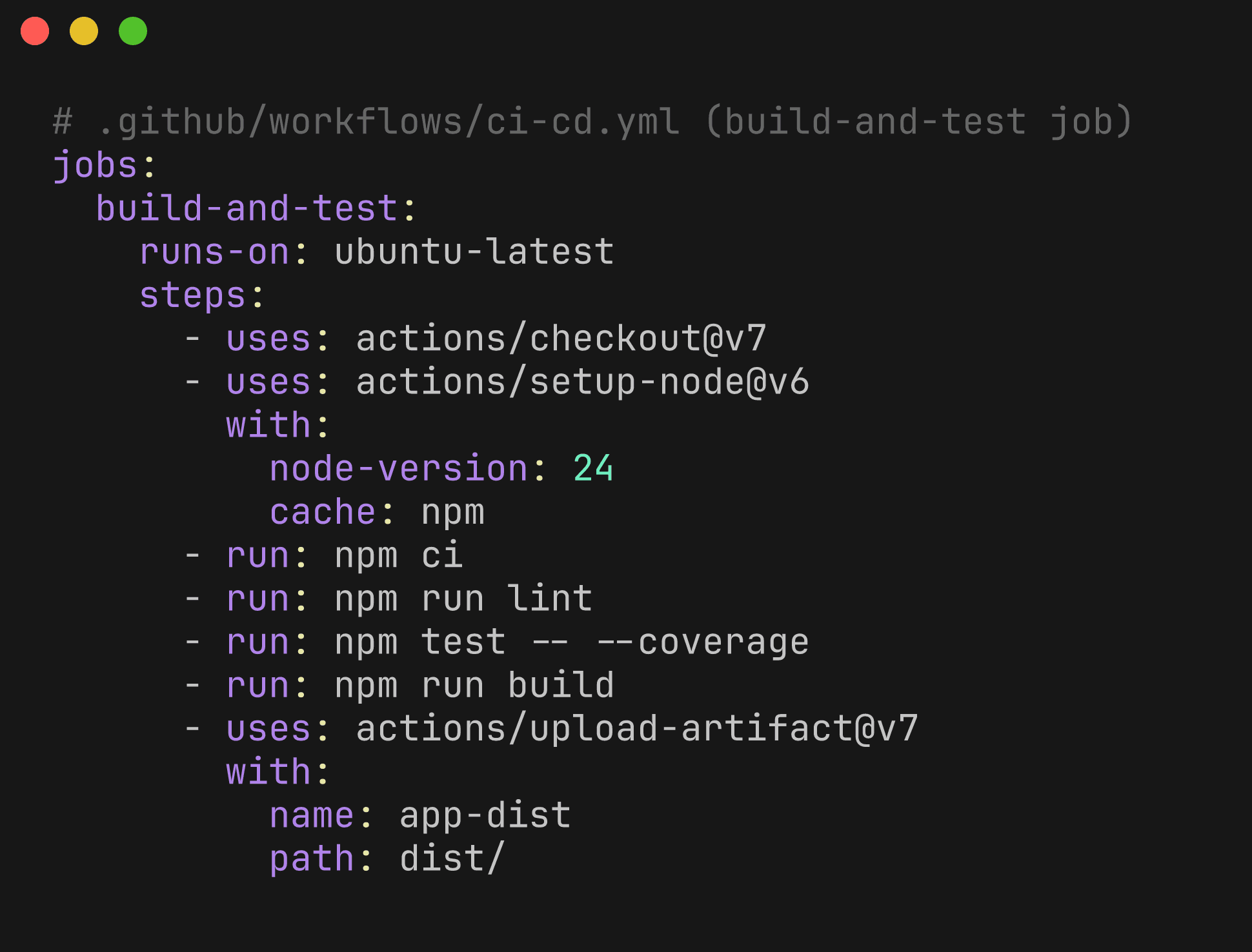 build-and-test job from the GitHub Actions CI/CD pipeline workflow YAML