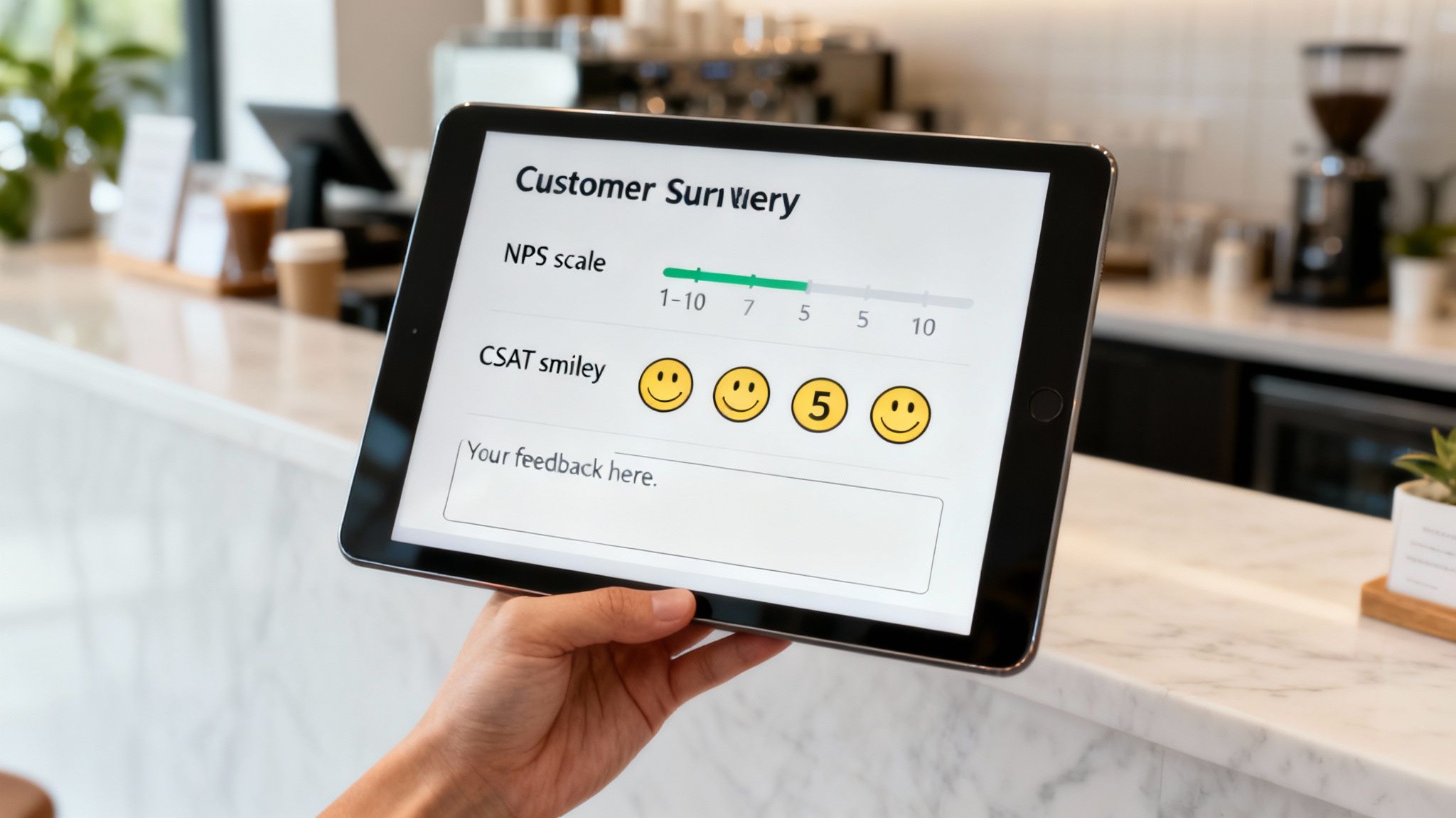 A hand holds a tablet displaying a customer survey with NPS scale and CSAT smileys in a modern cafe.