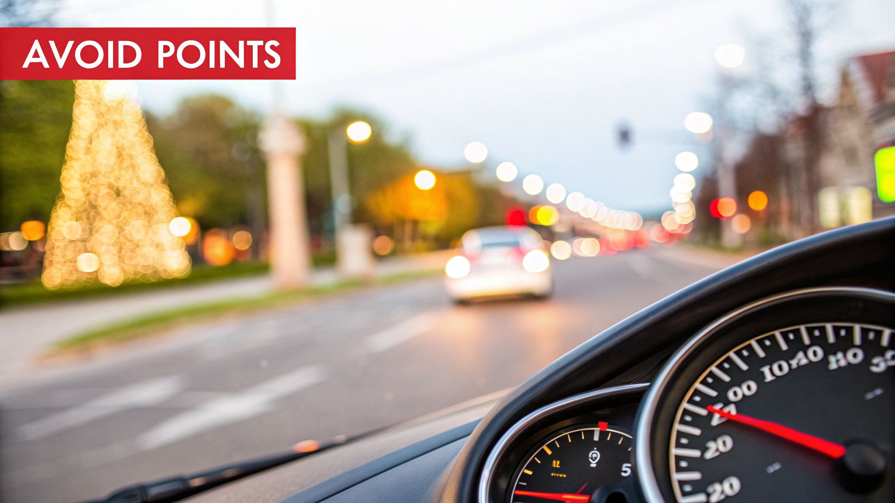 View from a car showing a speedometer and a blurred city street with Christmas lights at night.