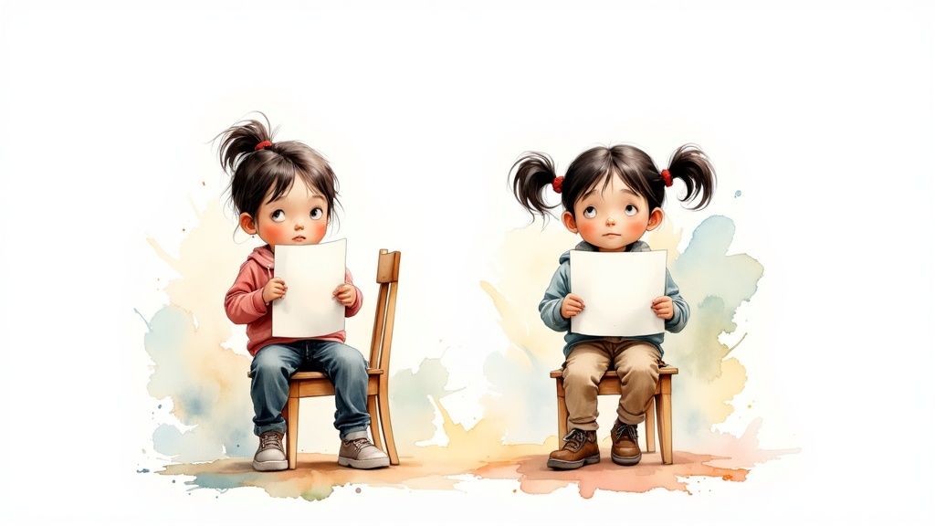 Watercolor illustration of two young girls sitting on chairs, each holding a blank white paper and looking up.