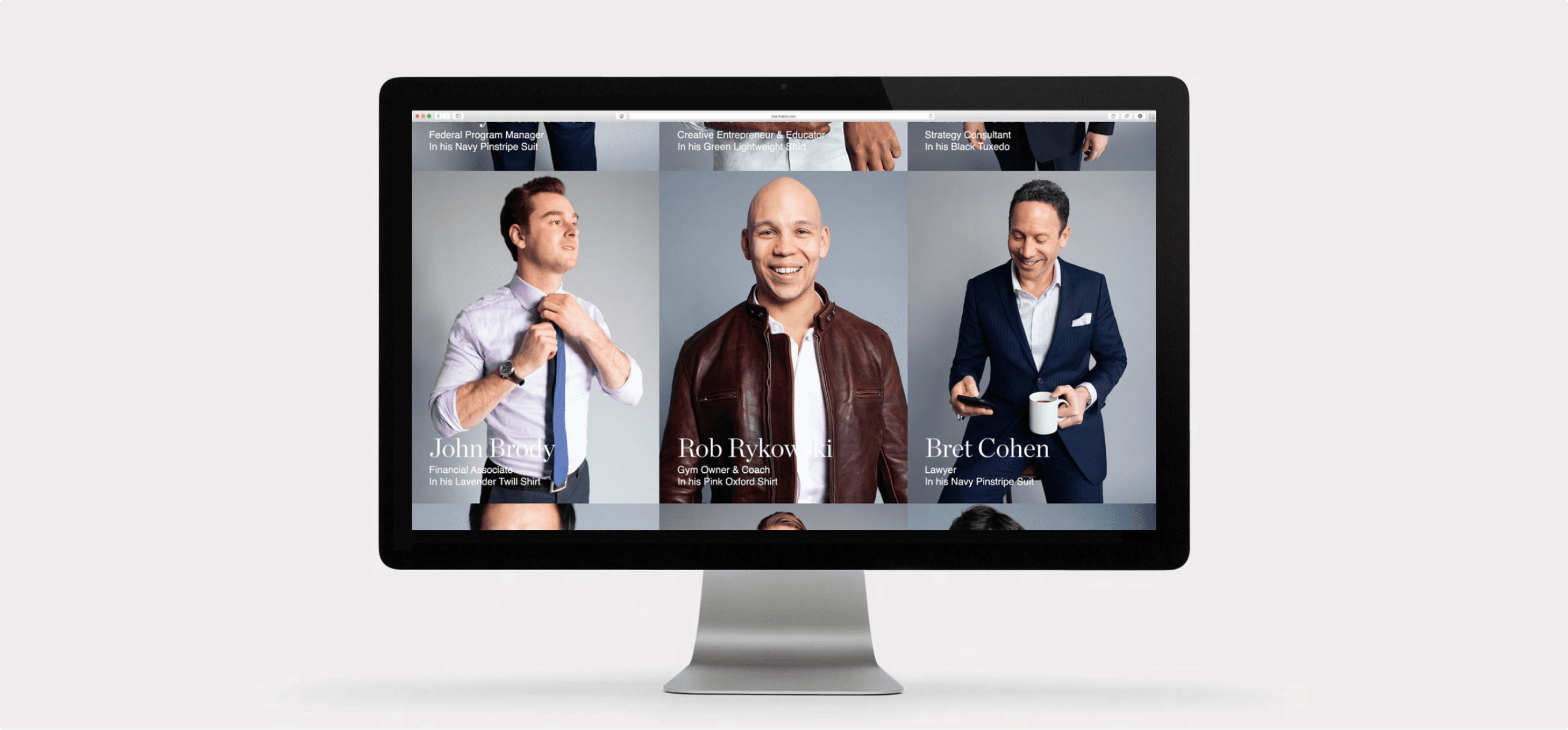 Desktop screen showing portraits of Blank Label customers wearing their custom clothes.