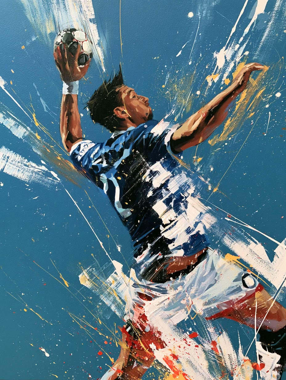 KI-Visual: Handballer im Sprungwurf, gemalt mit expressiven Pinselstrichen
