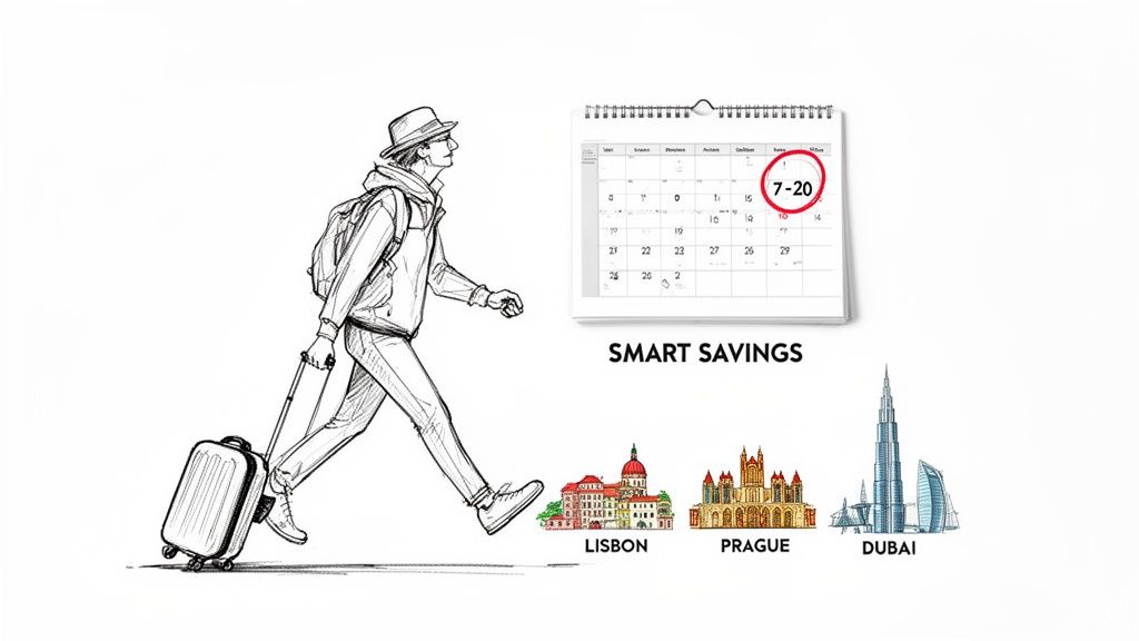 Illustration of a person with luggage, a calendar, 'Smart Savings', and travel destinations like Lisbon, Prague, and Dubai.