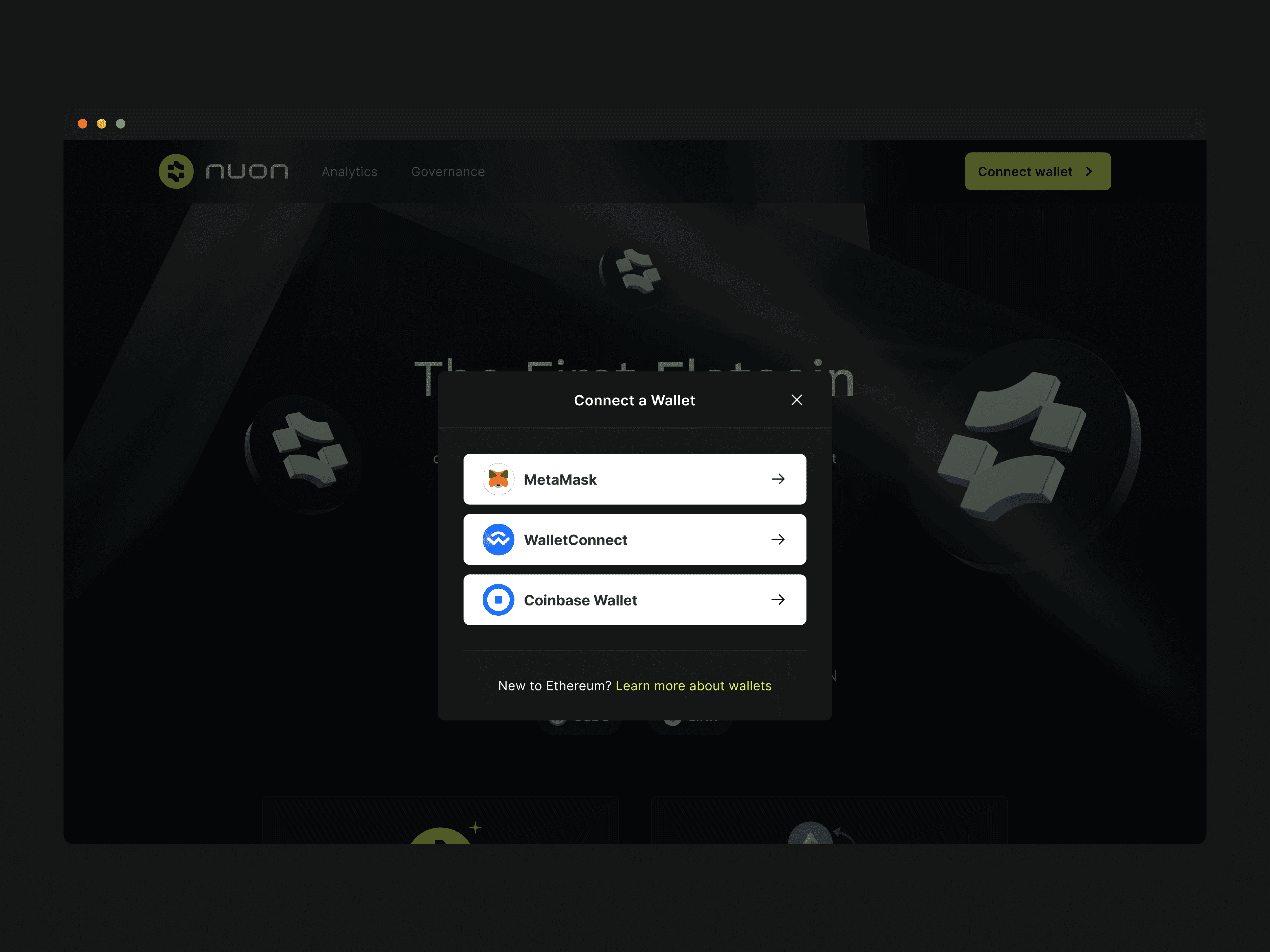 Connect a wallet to Nuon platform using MetaMask, WalletConnect, or Coinbase Wallet with dark-themed secure modal interface.