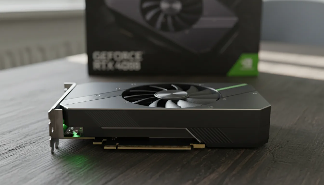 DSLR photograph of an NVIDIA GeForce RTX 4080 graphics card resting on a dark, textured wood desk. High-angle, close-up shot focusing on the card's side profile, matte black shroud, and cooling fan. Soft natural daylight illuminates the scene, highlighting the silver metallic accents. A subtle green glow emanates from the card's metal I/O bracket. The background features the dark retail box, beautifully blurred with a soft bokeh effect due to a shallow depth of field.