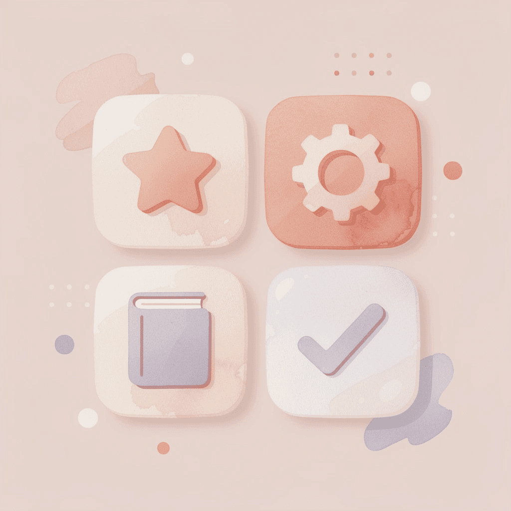 Four icons representing writing, listening, grammar study, and vocabulary learning