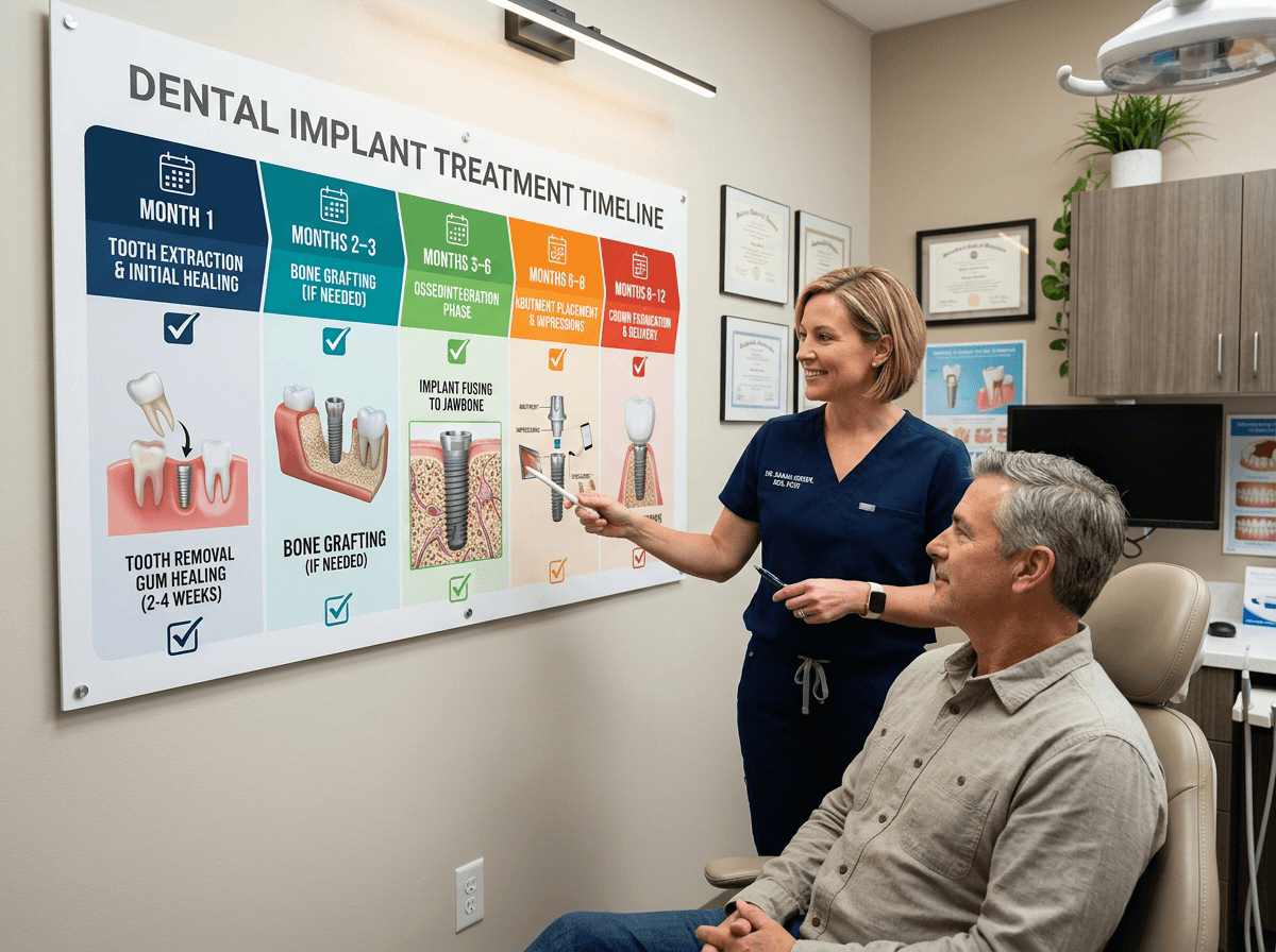 Detailed dental implant treatment timeline showing 4–12 month process from extraction through final implant crown placement