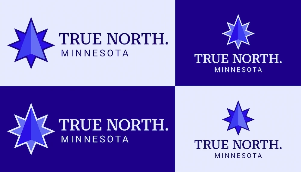 Blue "TRUE NORTH" logo on light and dark backgrounds