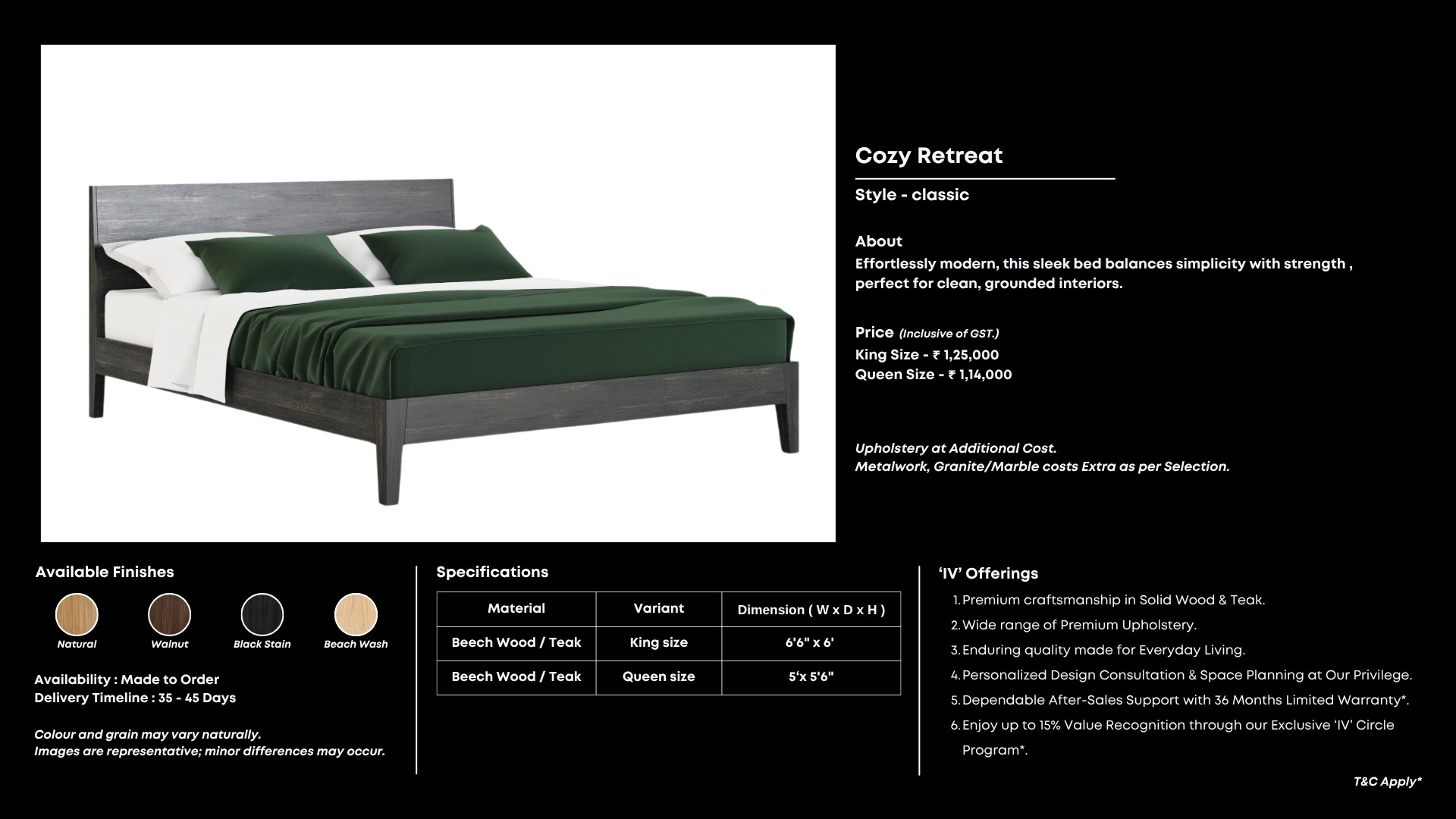 Black stained wooden bed with bold green bedding.