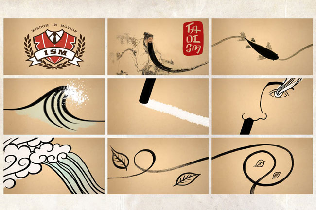 The image is a 3x3 grid of nine square panels, each featuring a beige background and showcasing distinct black and white line art illustrations. The top left panel displays a red shield with a white banner reading "WISDOM IN MOTION" and two crossed white swords beneath it. The top middle panel shows a figure in a dynamic pose with a black curved object extending from their back. The top right panel depicts two black fish swimming near each other. The middle left panel features a wave with white foam. The middle central panel shows a white streak or brushstroke. The middle right panel displays a black ink drawing of a hand near an eye. The bottom left panel shows a stylized wave with blue-green lines. The bottom middle panel contains two green leaves. The bottom right panel displays two black swirling lines with leaf-like shapes at their ends.