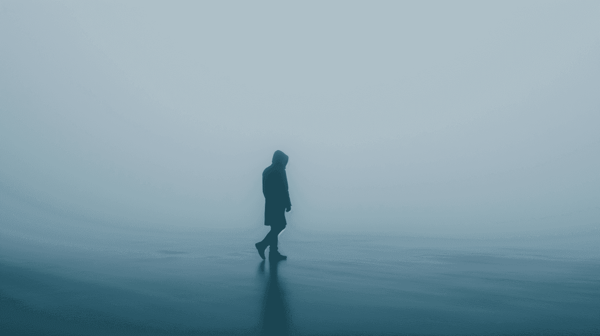 A lone figure in a hooded coat walks through a foggy, desolate landscape, evoking solitude and mystery in muted blue-gray tones.